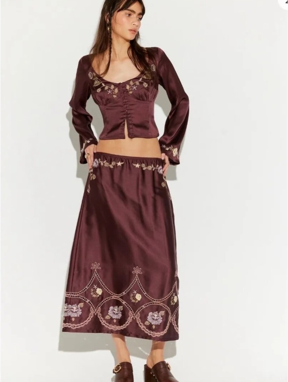 Set Free People Autumn Bloom Midi Skirt Set Embroidered Satin Small